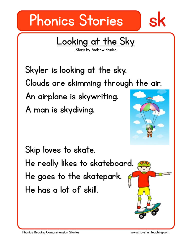 Looking at the Sky SK Phonics Stories Reading Comprehension Worksheet