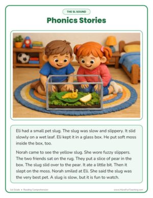 1st Grade SL blends phonics stories reading comprehension worksheet
