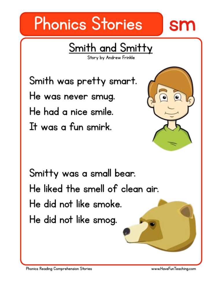 Smith and Smitty SM Phonics Stories Reading Comprehension Worksheet