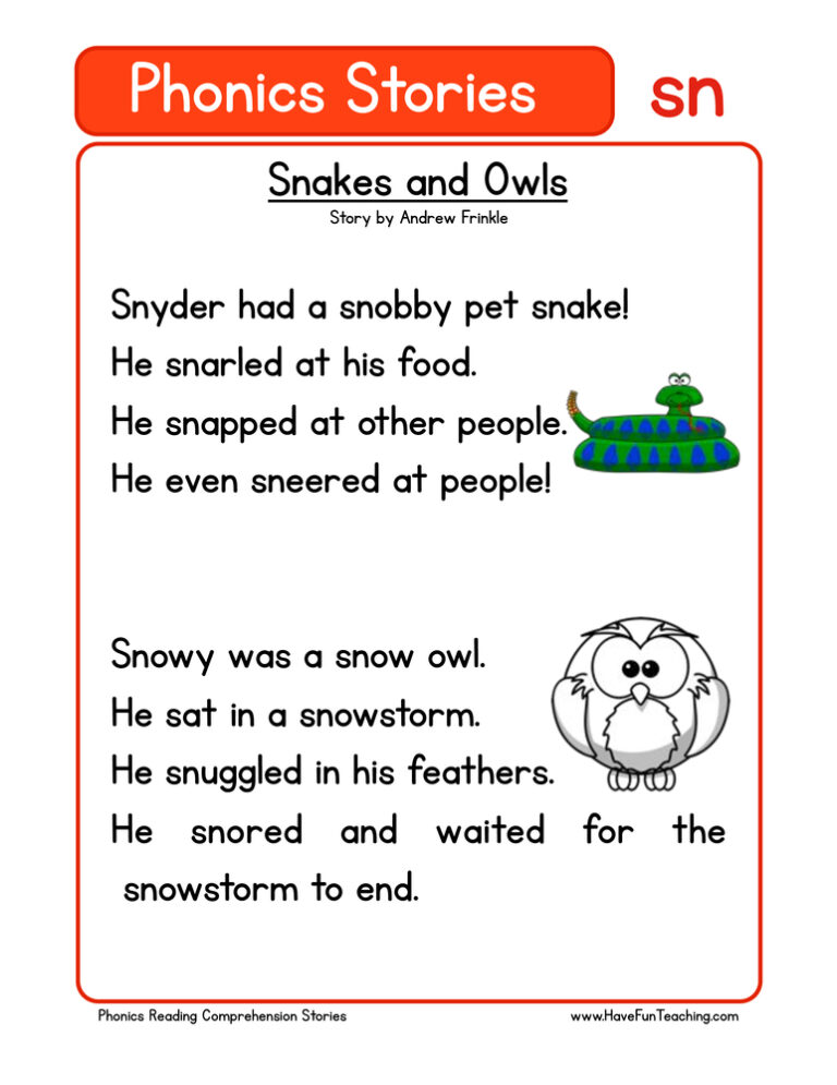 Snakes and Owls SN Phonics Stories Reading Comprehension Worksheet