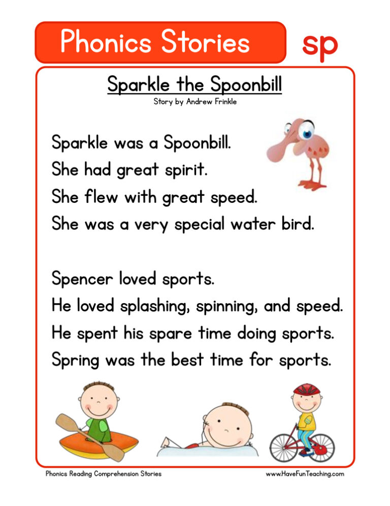 Sparkle the Spoonbill SP Phonics Stories Reading Comprehension Worksheet