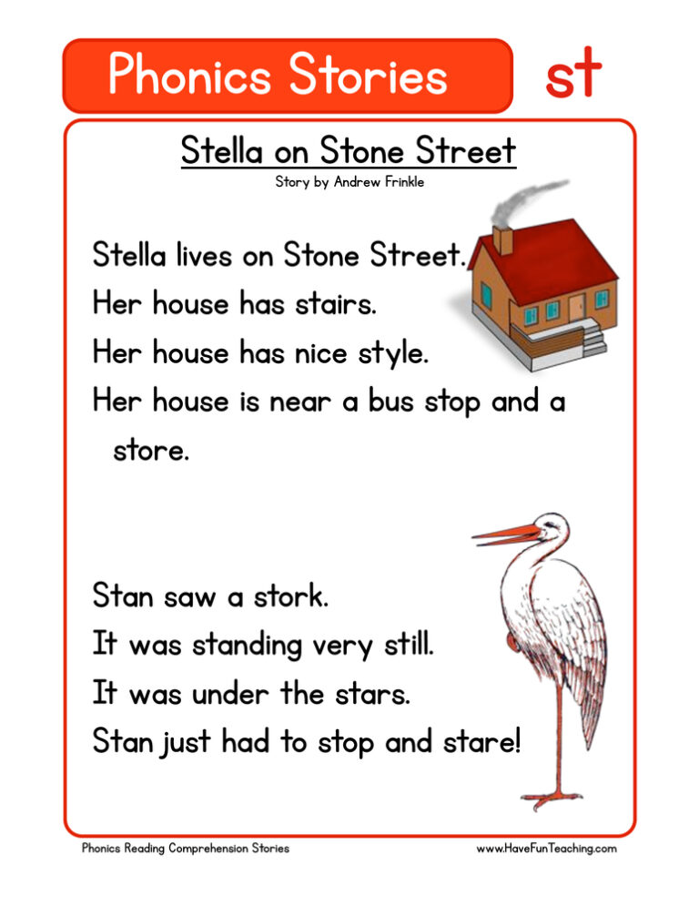 Stella on Stone Street ST Phonics Stories Reading Comprehension Worksheet