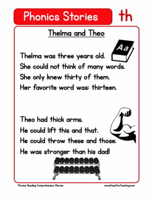 Thelma and Theo Phonics Stories TH Reading Comprehension Worksheet