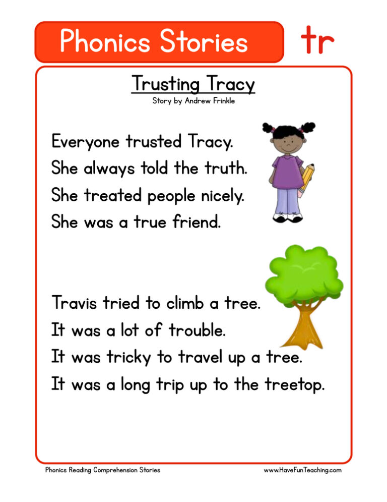 Trusting Tracy TR Phonics Stories Reading Comprehension Worksheet