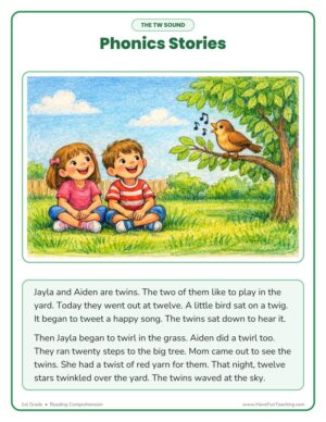 1st Grade TW blend phonics stories reading comprehension worksheet