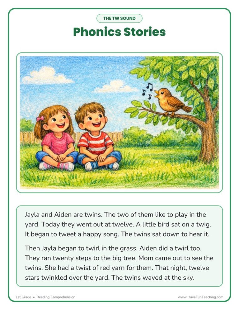 The Twins TW Phonics Stories Reading Comprehension Worksheet