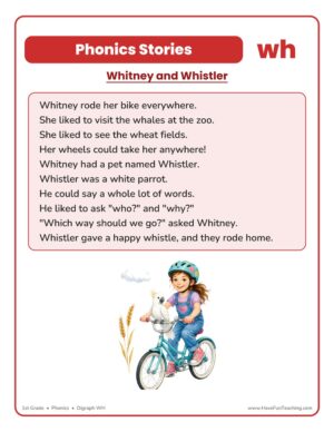 First grade WH digraph phonics reading comprehension worksheet, Whitney and Whistler story