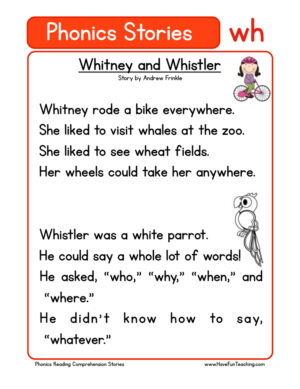 Whitney and Whistler WH Phonics Stories Reading Comprehension Worksheet