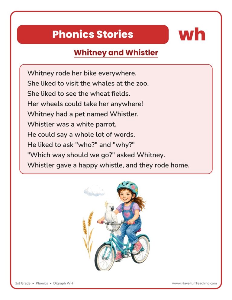 Whitney and Whistler WH Phonics Stories Reading Comprehension Worksheet