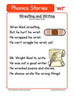Wrestling and Writing WR Phonics Stories Reading Comprehension Worksheet