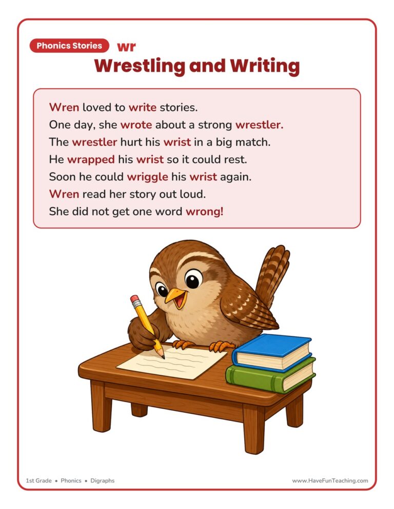 Wrestling and Writing WR Phonics Stories Reading Comprehension Worksheet