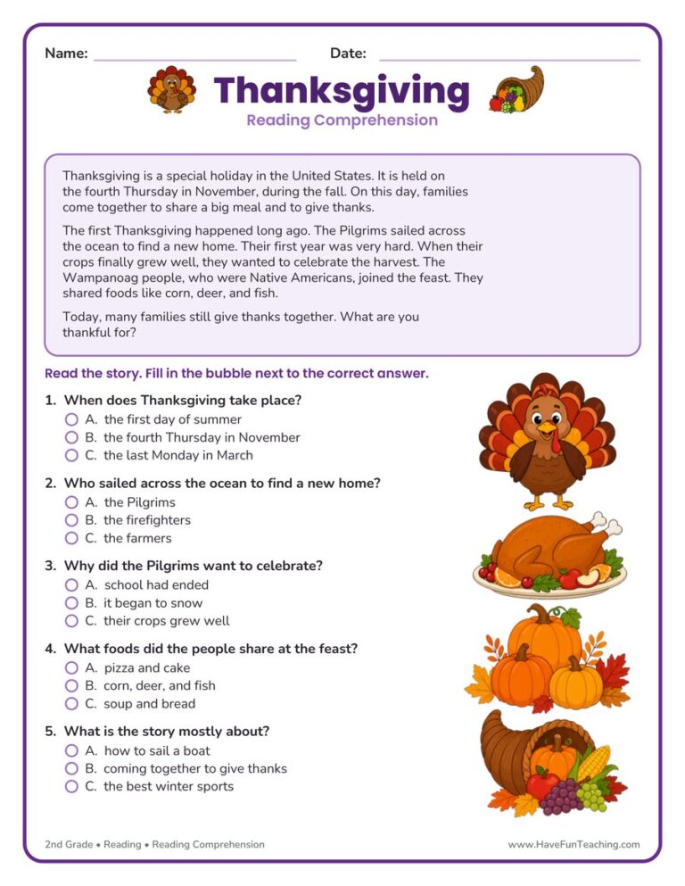 Thanksgiving Reading Comprehension Worksheet