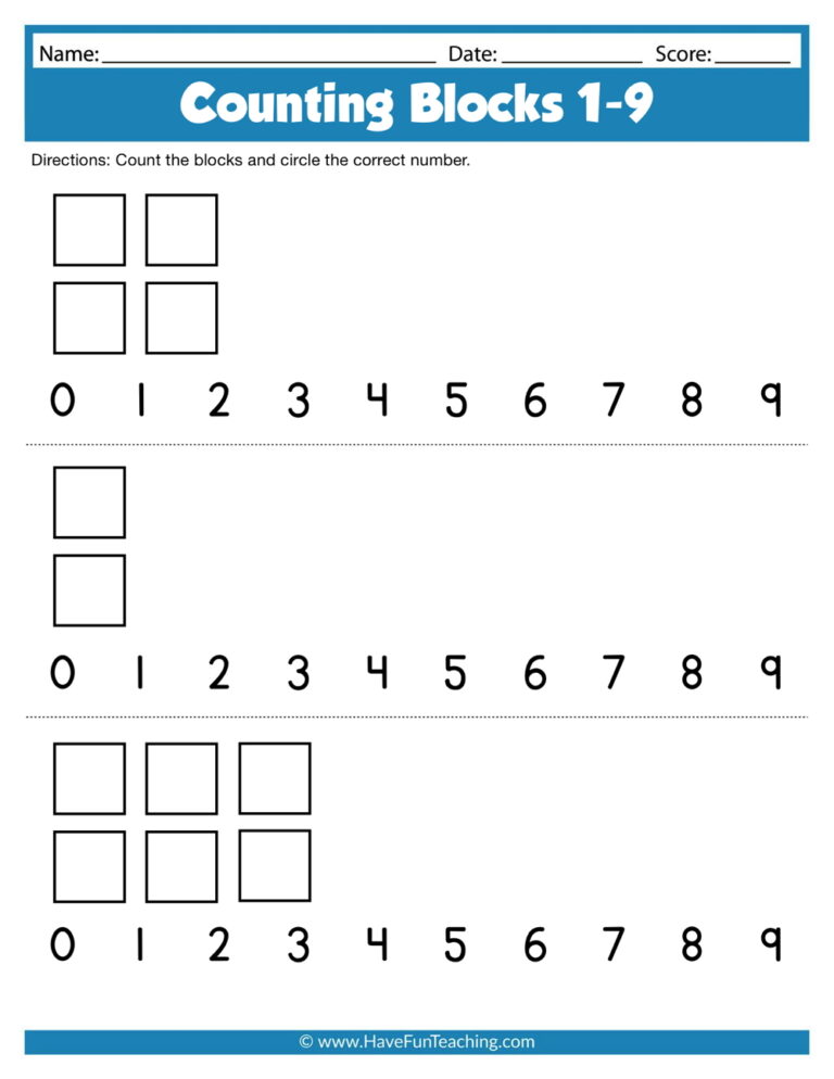 Counting Blocks 1-9 Worksheets