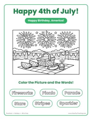 Preschool 4th of July poster coloring page with a picnic and fireworks scene