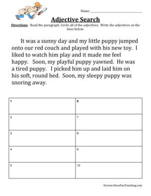 Adjectives Puppy Story Worksheet