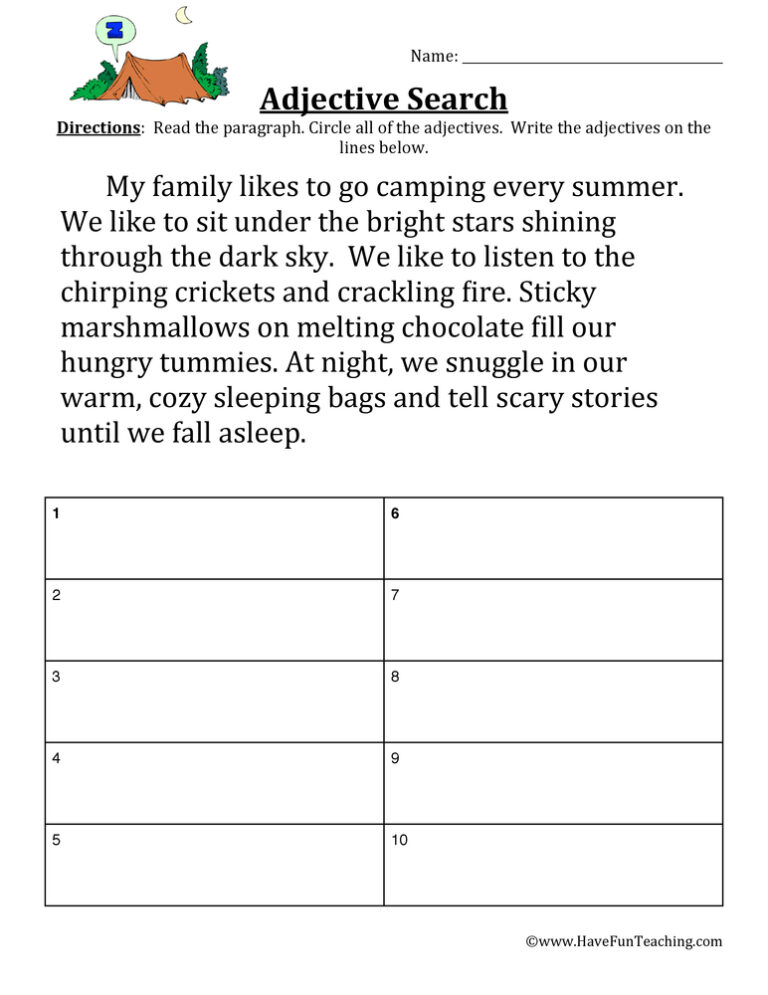 Adjective Camping Story Worksheet
