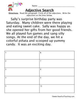 Adjective Birthday Party Worksheet