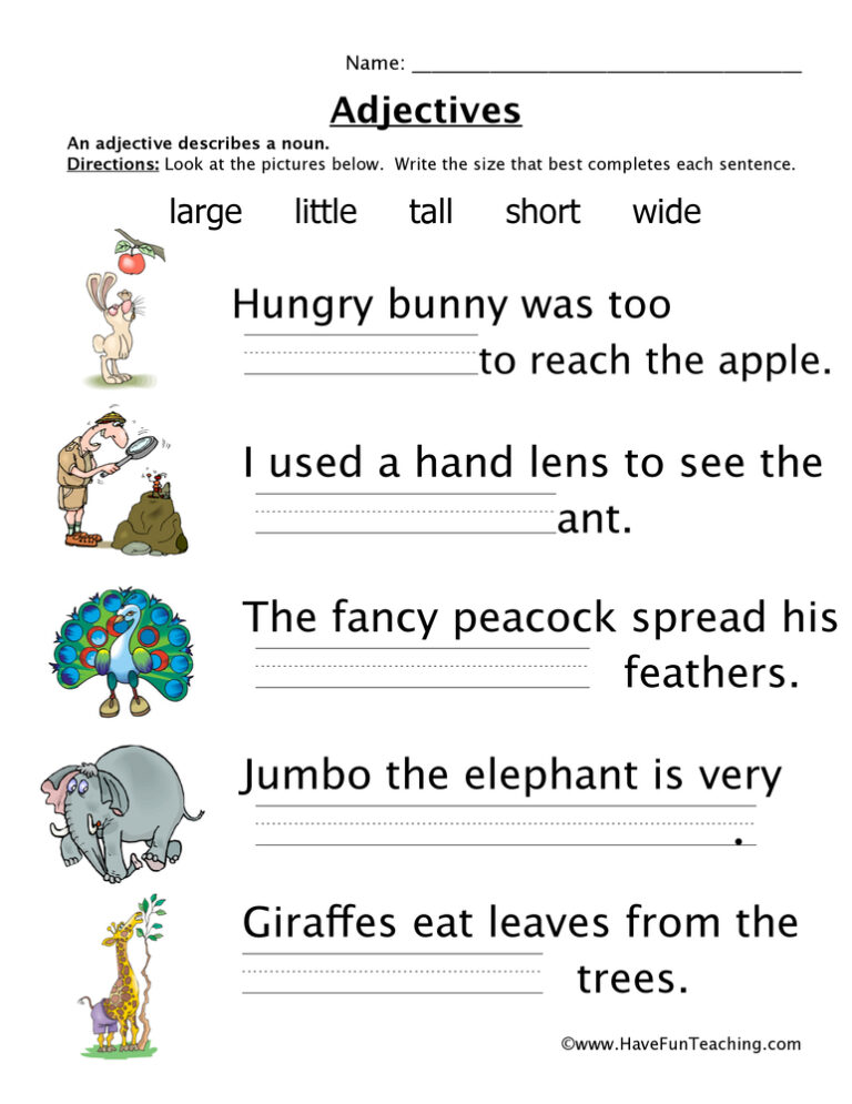 Adjectives Size Worksheet