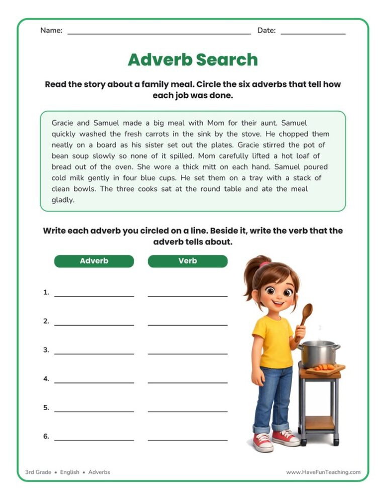Adverb Cooking Dinner Story Worksheet
