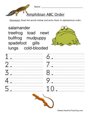 Amphibians Alphabetical Order Worksheet