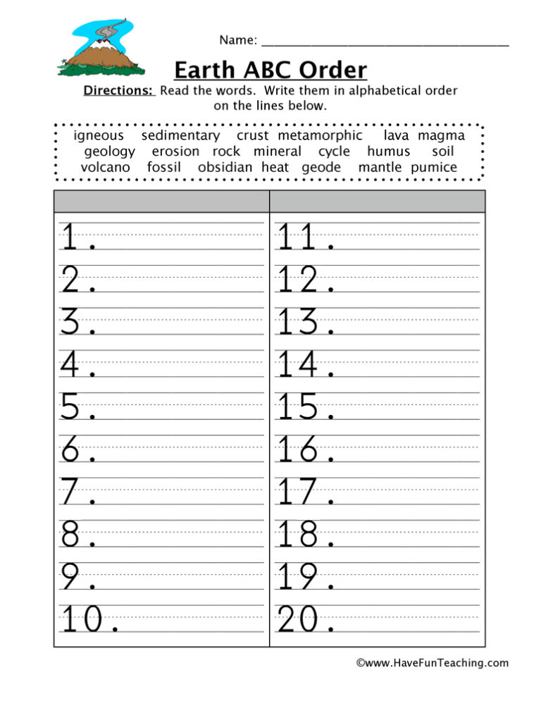 Earth Alphabetical Order Worksheet