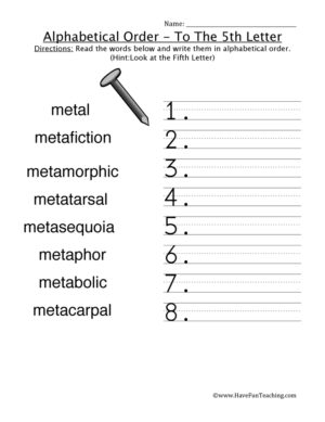 Alphabetical Order To The Fifth Letter Worksheet