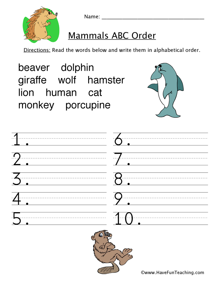 Mammals Alphabetical Order Worksheet - Have Fun Teaching