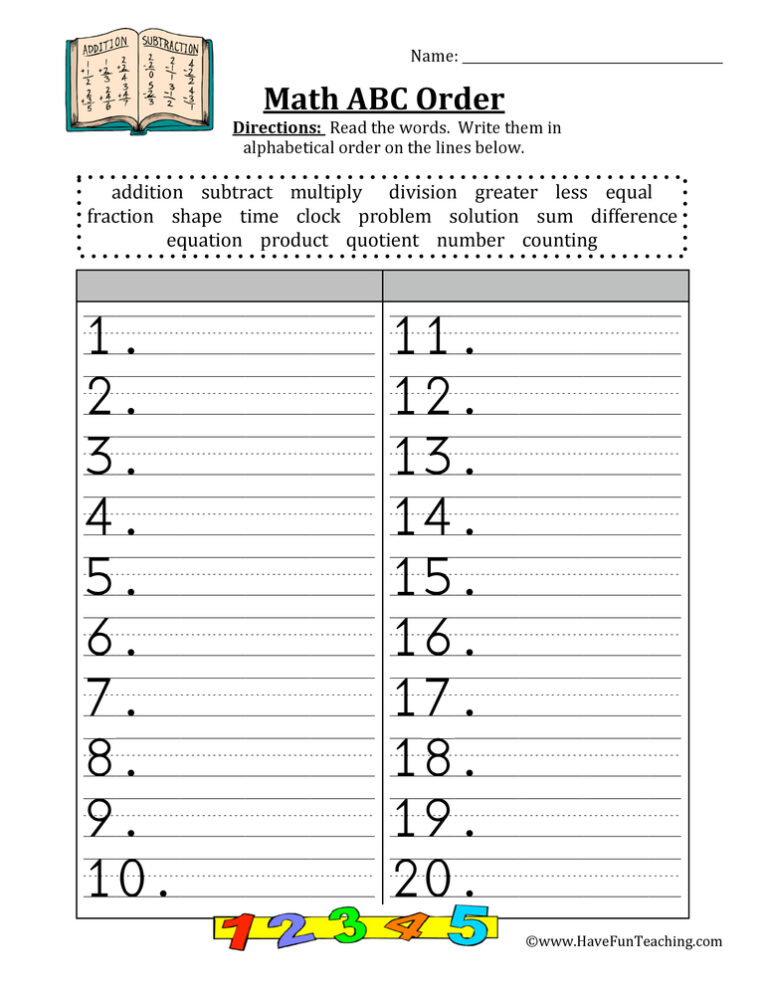 Math Alphabetical Order Worksheet
