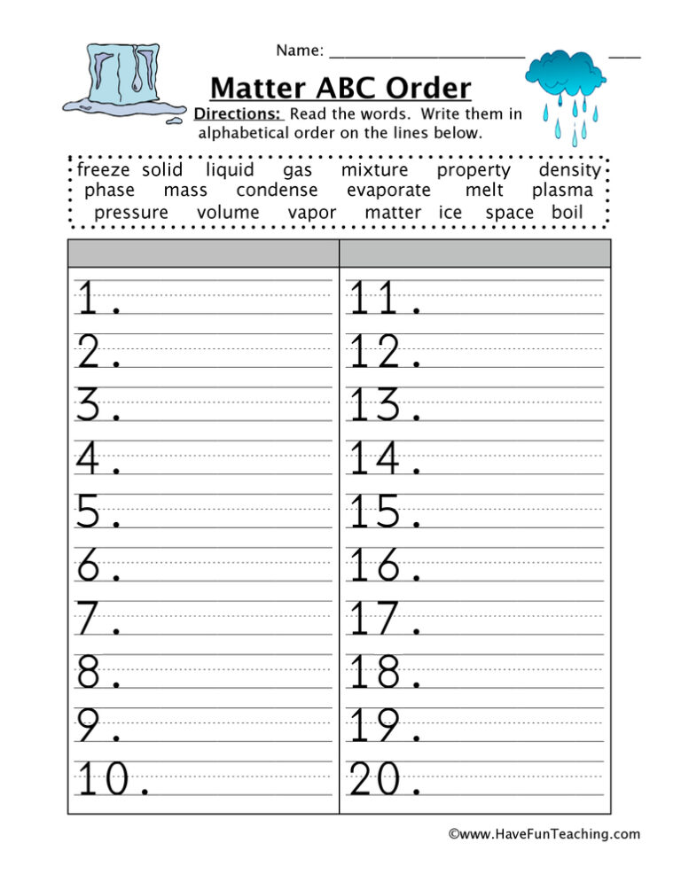 Matter Alphabetical Order Worksheet