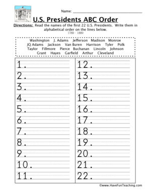 First Half Presidents Alphabetical Order Worksheet