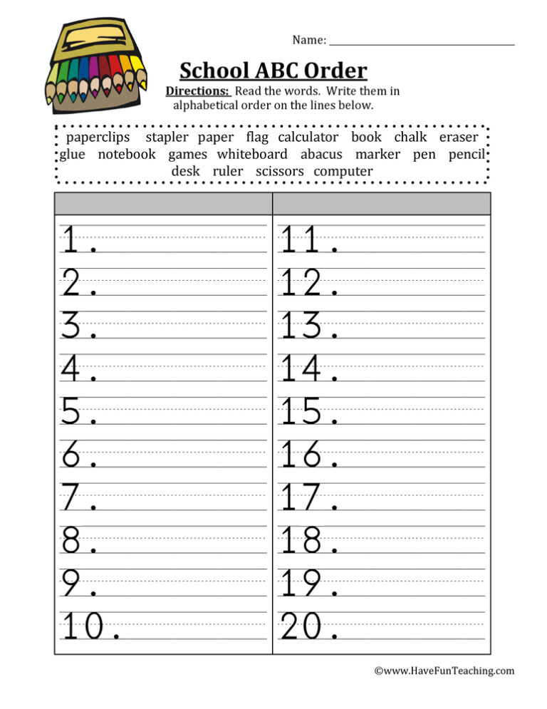 School Alphabetical Order Worksheet