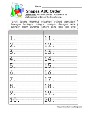 Shapes Alphabetical Order Worksheet