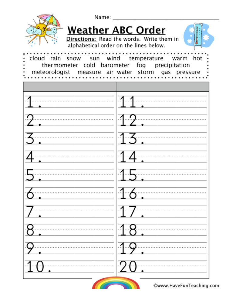 Weather Alphabetical Order Worksheet