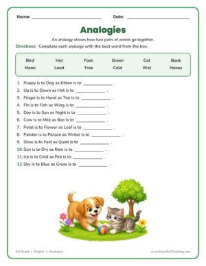 Analogy Fill in the Blanks Worksheet for 3rd grade with a word box