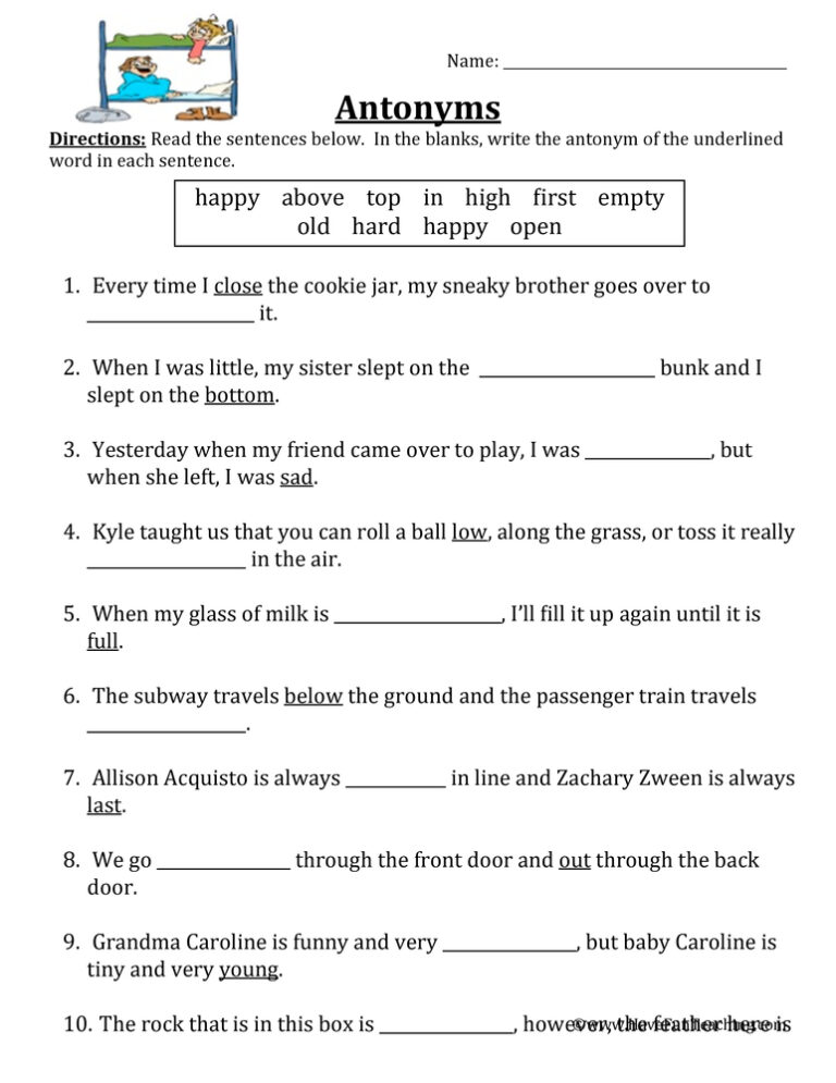 Antonym Fill in the Blank Worksheet