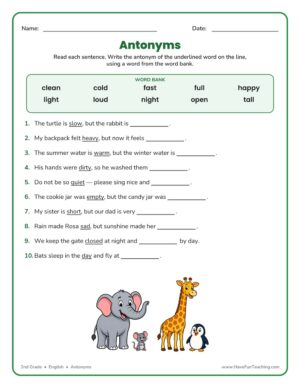 Antonym Worksheet with fill-in-the-blank sentences and a word bank of opposites for 2nd grade