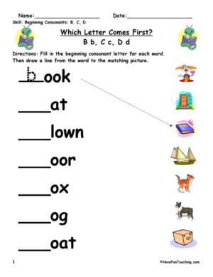Beginning Sounds B, C, D Worksheet