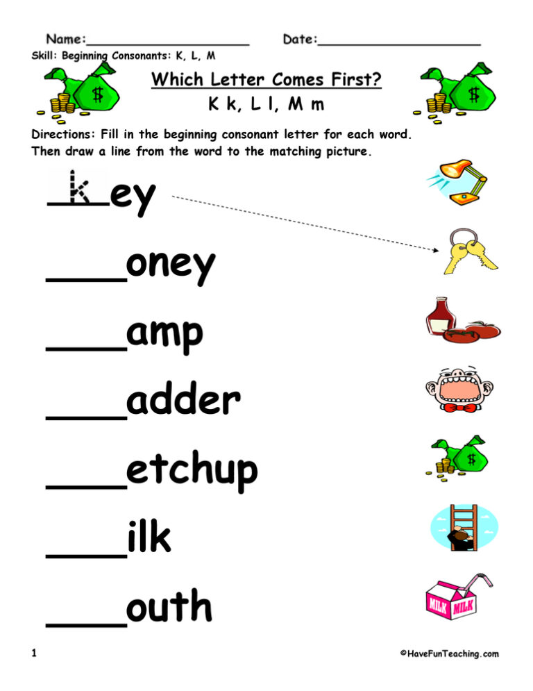 Beginning Sounds K, L, M Worksheet