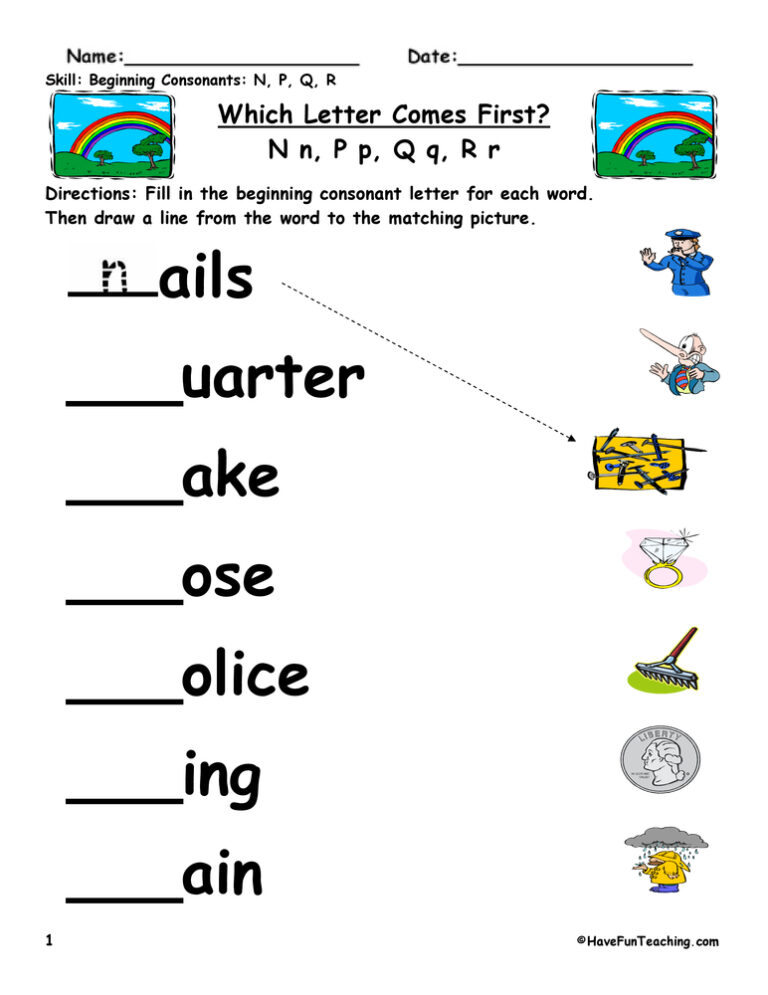 Beginning Sounds N, P, Q, R Worksheet