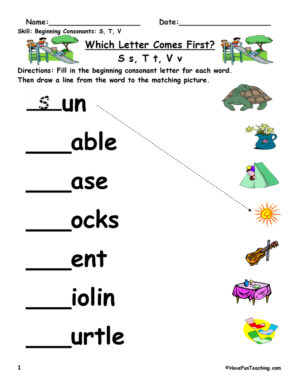 Beginning Sounds S, T, V Worksheet