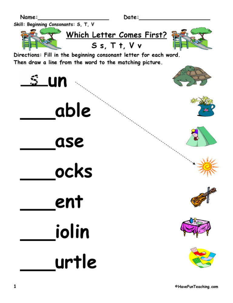 Beginning Sounds S, T, V Worksheet