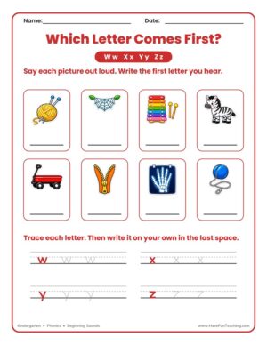 Kindergarten beginning sounds W, X, Y, Z worksheet