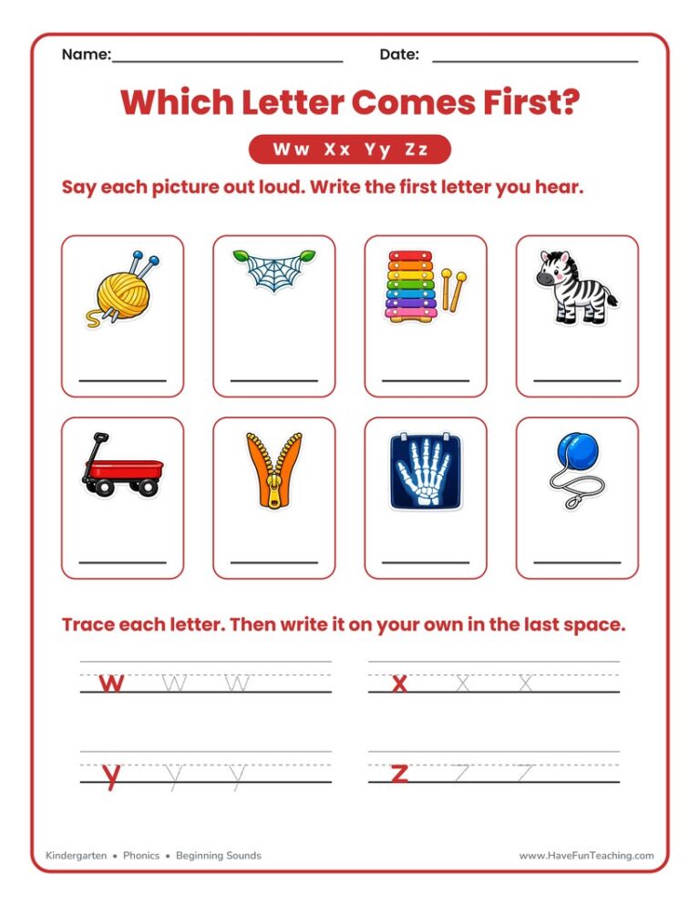 Beginning Sounds W, X, Y, Z Worksheet