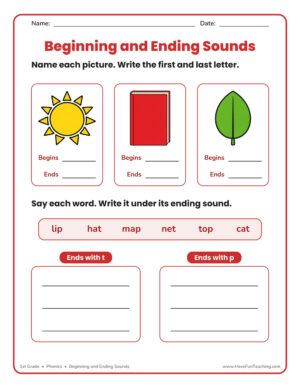 1st Grade Beginning and Ending Sounds Worksheet