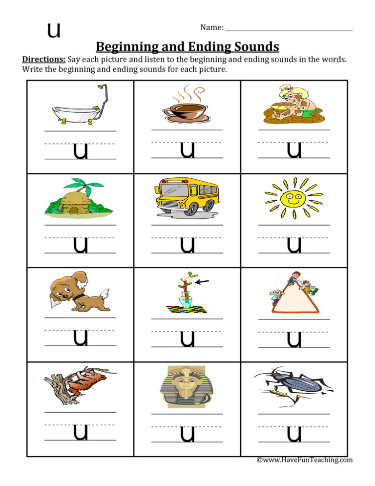 Short U Beginning and Ending Sounds Worksheet
