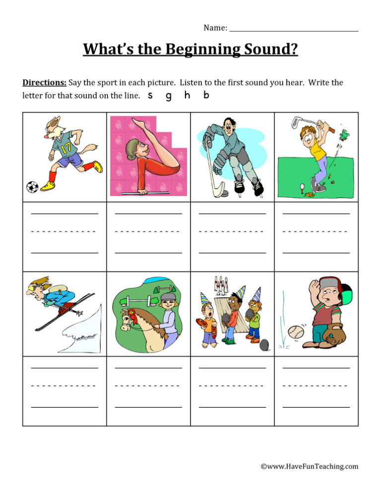 Beginning Sounds S, G, H, B Worksheet