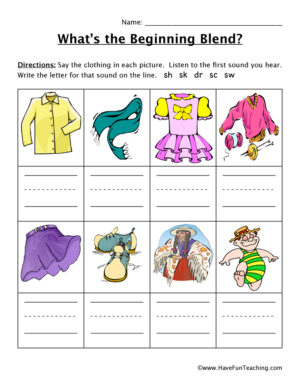 SH, SK, DR, SC, SW Beginning Sounds Worksheet