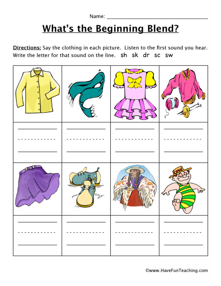 SH, SK, DR, SC, SW Beginning Sounds Worksheet