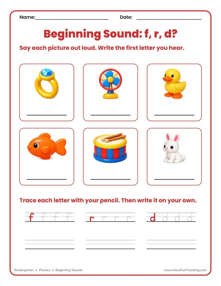 Beginning Sounds Worksheet - F, R, D