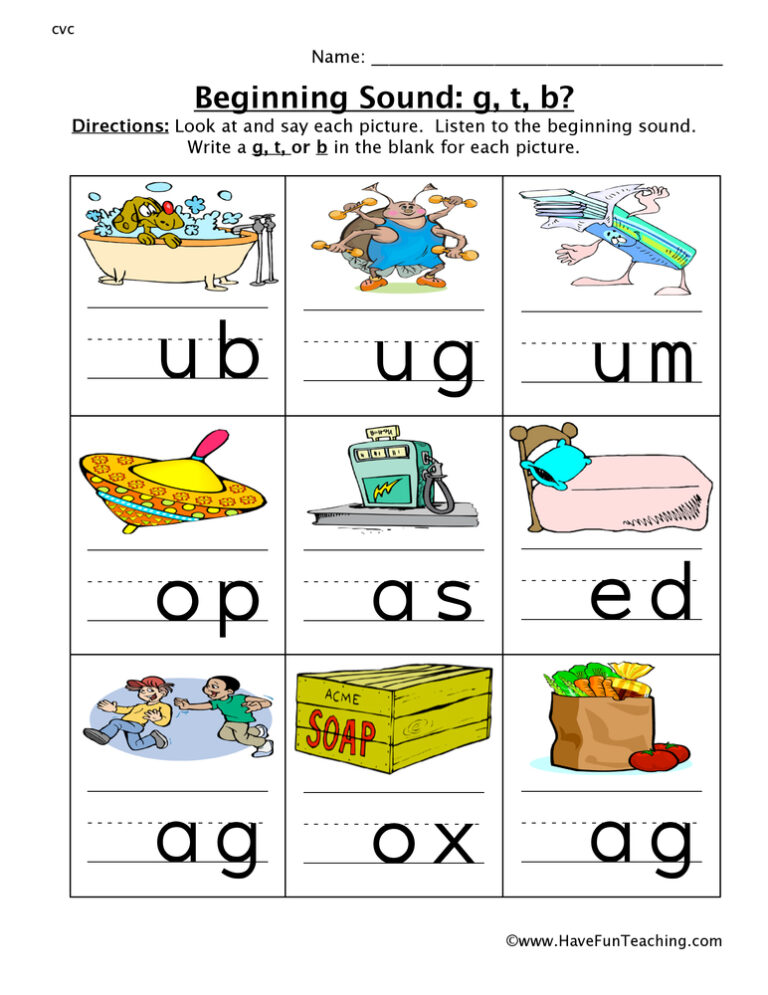 Beginning Sounds G, T, B Worksheet